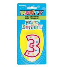 NUM 3 GLITTER HAPPY BIRTHDAY CANDLE WITH HAPPY BIRTHDAY DECORATION P