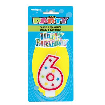 NUM 6 GLITTER HAPPY BIRTHDAY CANDLE WITH HAPPY BIRTHDAY DECORATION P