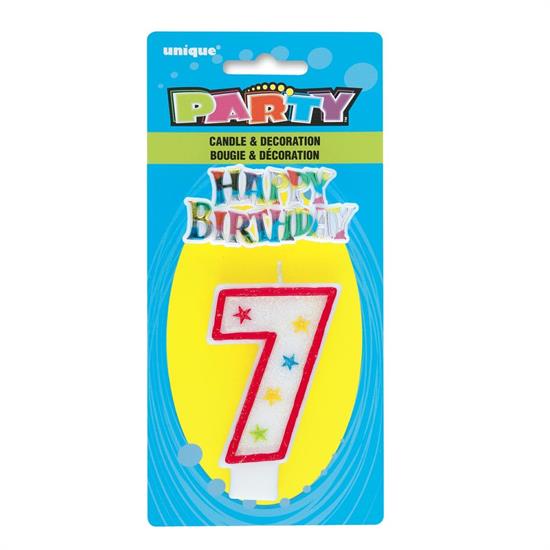 NUM 7 GLITTER HAPPY BIRTHDAY CANDLE WITH HAPPY BIRTHDAY DECORATION P
