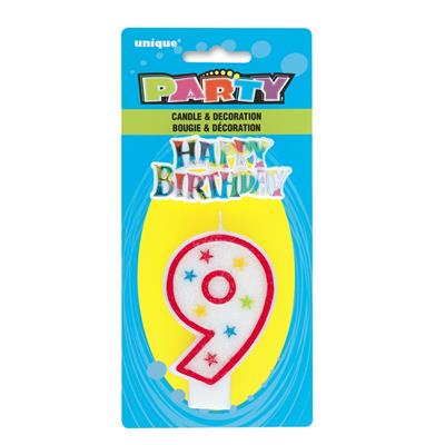 NUM 9 GLITTER HAPPY BIRTHDAY CANDLE WITH HAPPY BIRTHDAY DECORATION P