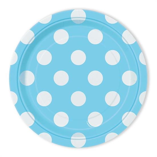 POWDER BLUE DOTS ROUND 7 DESSERT PLATES, 8CT PZ.  MC. 72