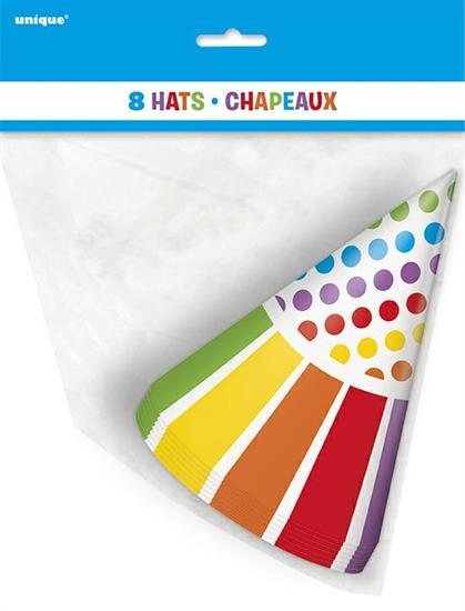 RAINBOW BIRTHDAY PARTY HATS, 8CT PZ.  MC. 144