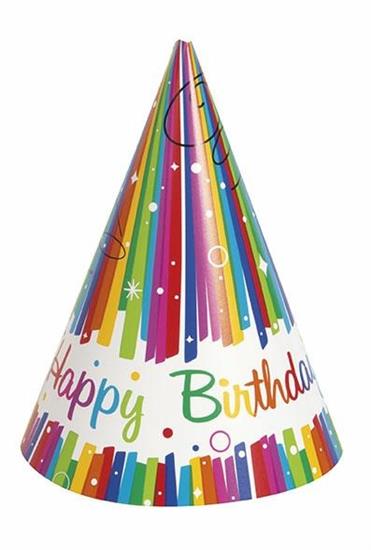 RAINBOW RIBBONS BIRTHDAY PARTY HATS, 8CT PZ.  MC. 144