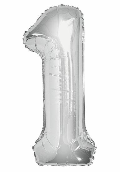 SILVER NUMBER 1 SHAPED FOIL BALLOON 34, PACKAGED PZ.  MC. 100