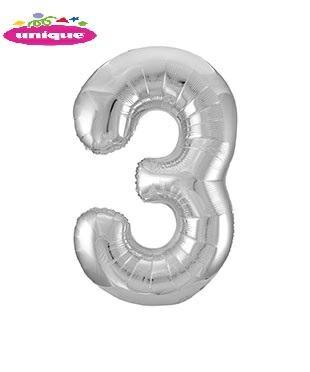 SILVER NUMBER 3 SHAPED FOIL BALLOON 34, PACKAGED PZ.  MC. 100