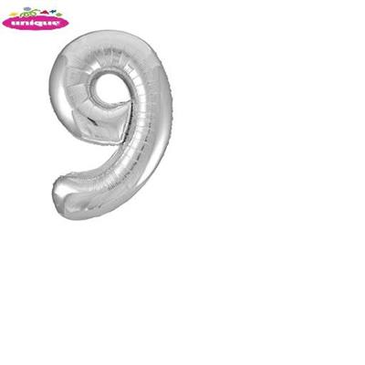 SILVER NUMBER 9 SHAPED FOILBALLOON 34, PACKAGED PZ. 5 MC. 100