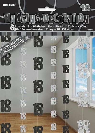 BIRTHDAY BLACK GLITZ NUMBER 18 HANGING DECORATIONS, 5 FT, 6CT PZ. 6