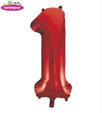 RED NUMBER 1 SHAPED FOIL BALLOON 34, PACKAGED PZ.  MC. 100