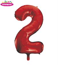 RED NUMBER 2 SHAPED FOIL BALLOON 34, PACKAGED PZ.  MC. 100