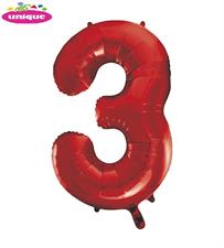 RED NUMBER 3 SHAPED FOIL BALLOON 34, PACKAGED PZ.  MC. 100