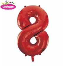 RED NUMBER 8 SHAPED FOIL BALLOON 34, PACKAGED PZ.  MC. 100