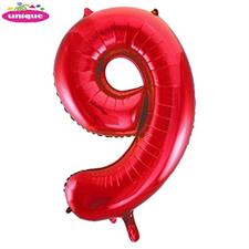 RED NUMBER 9 SHAPED FOIL BALLOON 34, PACKAGED PZ.  MC. 100