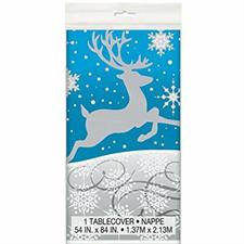 SILVER SNOWFLAKE CHRISTMAS RECTANGULAR PLASTIC TABLE COVER, 54X84