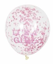 GIRL CLEAR LATEX BALLOONS WITH PINK CONFETTI 12, 6CT PZ.  MC. 144