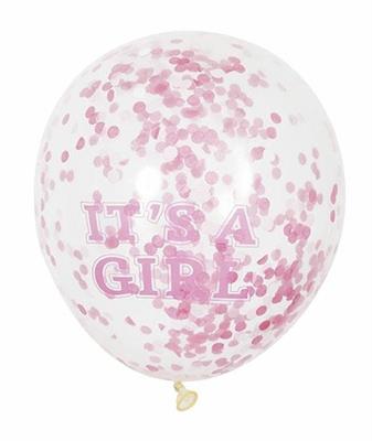 GIRL CLEAR LATEX BALLOONS WITH PINK CONFETTI 12, 6CT PZ.  MC. 144