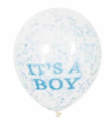 BOY CLEAR LATEX BALLOONS WITH BLUE CONFETTI 12, 6CT PZ.  MC. 144