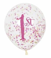 PINK & GOLD FIRST BIRTHDAY CLEAR LATEX BALLOONS WITH CONFETTI 12, 6
