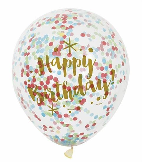 GLITZY GOLD BIRTHDAY CLEAR LATEX BALLOONS WITH CONFETTI 12, 6CT PZ.