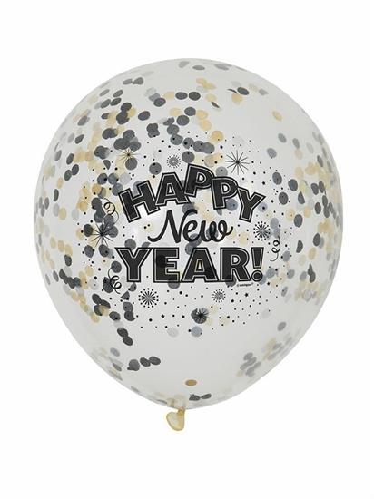 HAPPY NEW YEAR CLEAR LATEX BALLOONS WITH CONFETTI 12, 6CT PZ. 12 MC