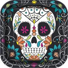 SKULL DAY OF THE DEAD SQUARE 9 DINNER PLATES, 8CT  PZ. 12 MC. 72
