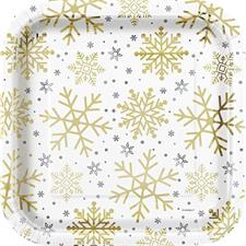 SILVER & GOLD HOLIDAY SNOWFLAKES SQUARE 9 DINNER PLATES, 8CT - FOIL