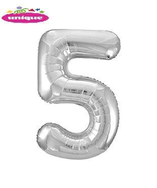 SILVER NUMBER 5 SHAPED FOIL BALLOON 34, PACKAGED PZ.  MC. 100