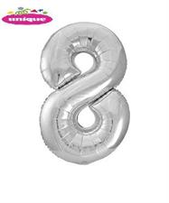 SILVER NUMBER 8 SHAPED FOIL BALLOON 34, PACKAGED PZ.  MC. 100