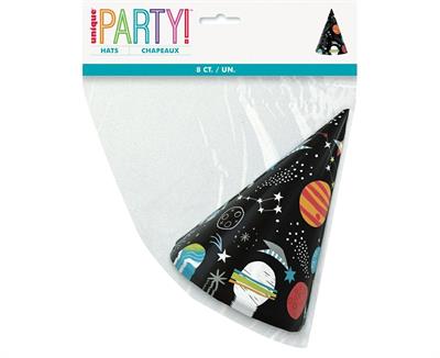 OUTER SPACE PARTY HATS, 8CT PZ.  MC. 144