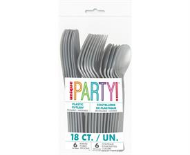 SILVER SOLID ASSORTED PLASTIC CUTLERY, 18CT PZ.  MC. 72