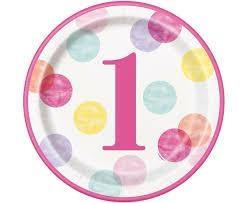 PINK DOTS 1ST BIRTHDAY ROUND 7 DESSERT PLATES, 8CT PZ.  MC. 72