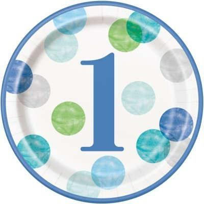 BLUE DOTS 1ST BIRTHDAY ROUND 9 DINNER PLATES, 8CT PZ.  MC. 72