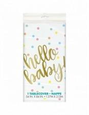 HELLO BABY GOLD BABY SHOWER RECTANGULAR PLASTIC TABLE COVER, 54X8