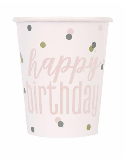 8 GLITZ ROSE GOLD HAPPY BIRTHDAY CUPS, 9OZ PZ.  MC. 72