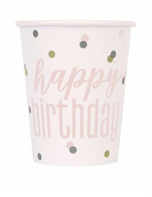 8 GLITZ ROSE GOLD HAPPY BIRTHDAY CUPS, 9OZ PZ.  MC. 72