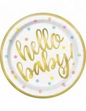 HELLO BABY GOLD BABY SHOWER ROUND 9 DINNER PLATES, 8CT - FOIL BOA