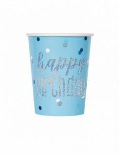 BIRTHDAY BLUE GLITZ 9OZ PAPER CUPS, 8CT PZ.  MC. 72