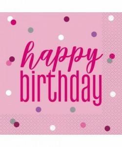 16 GLITZ PINK & SILVER HAPPY BIRTHDAY LUNCHEON NAPKINS PZ.  MC. 72