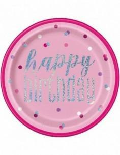 BIRTHDAY PINK GLITZ ROUND 9 DINNER PLATES, 8CT - FOIL STAMPED PZ.