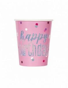 BIRTHDAY PINK GLITZ 9OZ PAPER CUPS, 8CT PZ.  MC. 72