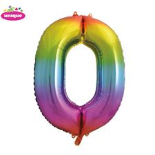 RAINBOW NUMBER 0 SHAPED FOIL BALLOON 34, PACKAGED PZ.  MC. 100