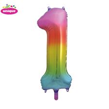 RAINBOW NUMBER 1 SHAPED FOIL BALLOON 34, PACKAGED PZ.  MC. 100