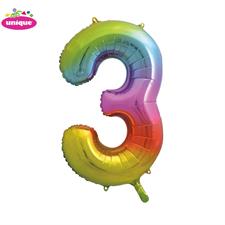 RAINBOW NUMBER 3 SHAPED FOIL BALLOON 34, PACKAGED PZ.  MC. 100