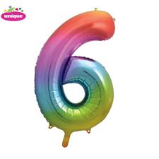 RAINBOW NUMBER 6 SHAPED FOIL BALLOON 34, PACKAGED PZ.  MC. 100