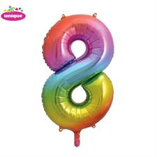 RAINBOW NUMBER 8 SHAPED FOIL BALLOON 34, PACKAGED PZ.  MC. 100