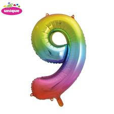 RAINBOW NUMBER 9 SHAPED FOIL BALLOON 34, PACKAGED PZ.  MC. 100
