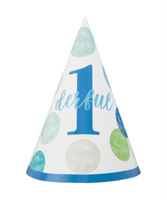 BLUE DOTS FIRST BIRTHDAY MINI PARTY HATS, 8CT PZ. 12 MC.72