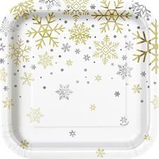SILVER & GOLD HOLIDAY SNOWFLAKES SQUARE 7 DESSERT PLATES, 8CT - FOI