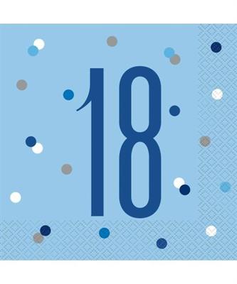 BIRTHDAY BLUE GLITZ NUMBER 18 LUNCHEON NAPKINS, 16CT PZ.  MC. 72