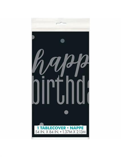 GLITZ BLACK & SILVER HAPPY BIRTHDAY PLASTIC TABLE COVER, 54X84 P