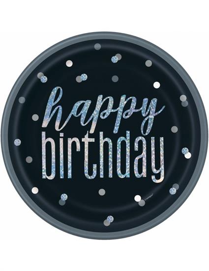 BIRTHDAY BLACK GLITZ ROUND 9 DINNER PLATES, 8CT - FOIL STAMPED PZ.